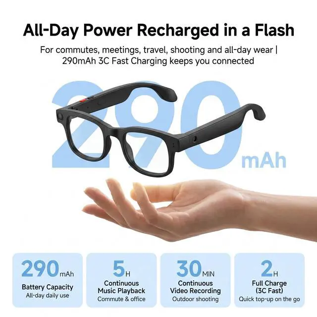 Alt view image 4 of 7 - AI Smart Glasses with Voice Assistant & 1080P Camera, Bluetooth Audio & Real-Time Translator; with Anti-Shake Video, Magnetic Charging, Interchangeable Lens, Hands-Free Calling & Music