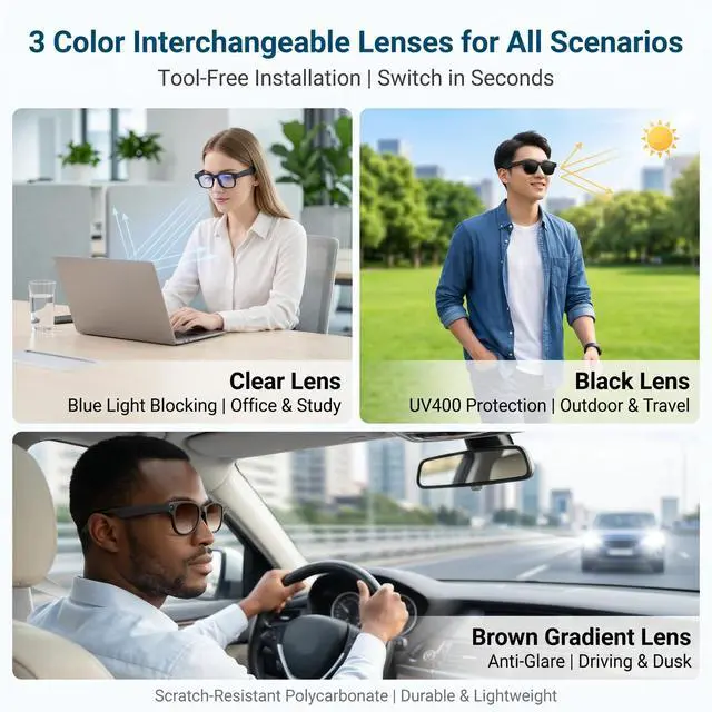 Alt view image 5 of 7 - AI Smart Glasses with Voice Assistant & 1080P Camera, Bluetooth Audio & Real-Time Translator; with Anti-Shake Video, Magnetic Charging, Interchangeable Lens, Hands-Free Calling & Music