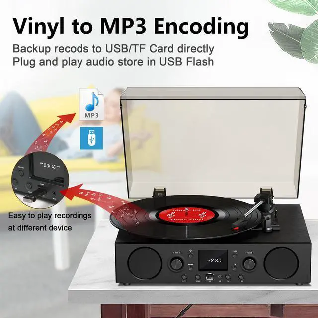 Alt view image 4 of 6 - Black Bluetooth Record Player, 3-Speed Belt Drive Turntable | Classic black design with Bluetooth, FM radio, USB recording, 3-speed playback, auto stop, AUX and RCA output