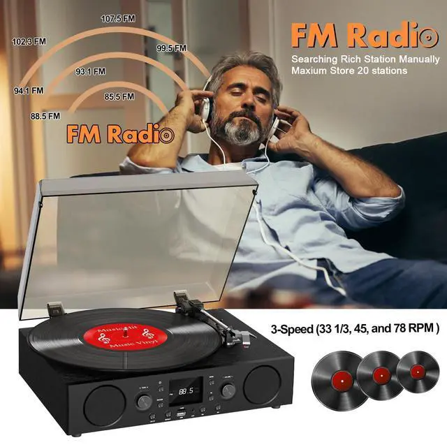 Alt view image 5 of 6 - Black Bluetooth Record Player, 3-Speed Belt Drive Turntable | Classic black design with Bluetooth, FM radio, USB recording, 3-speed playback, auto stop, AUX and RCA output
