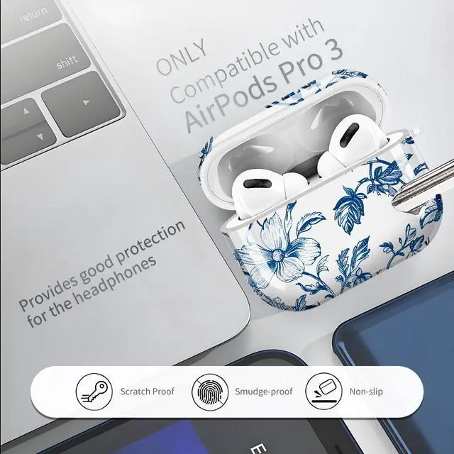 Alt view image 3 of 6 - for Cute Airpods Pro 3 Case Clear, Soft TPU Air Pods Pro 3rd Generation Cover Protective Skin Girl Women with Gold Keychain for iPod Pro 3 Gen 2025 - Blue Flower