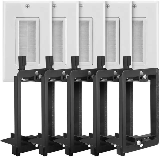 Main image of Single Gang Brush Wall Plate with Low Voltage Bracket - 5 Pack | In-Wall Cable Management Passthrough Faceplate and Drywall Mounting Bracket Kit for HDMI, Coaxial, and Speaker Wire Setup