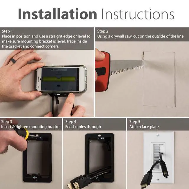 Alt view image 2 of 7 - Single Gang Brush Wall Plate with Low Voltage Bracket - 5 Pack | In-Wall Cable Management Passthrough Faceplate and Drywall Mounting Bracket Kit for HDMI, Coaxial, and Speaker Wire Setup