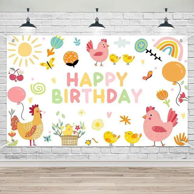 Main image of Chicken Birthday Party Banner Happy First Birthday Decorations for Girls Farm Animals Theme Newborn Baby Photo Backdrop Supplies (70.8x43.3inch)