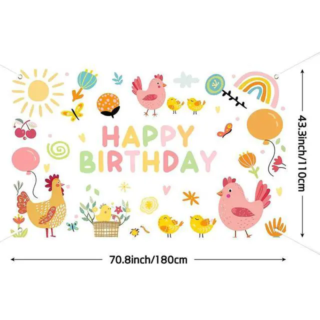 Alt view image 2 of 6 - Chicken Birthday Party Banner Happy First Birthday Decorations for Girls Farm Animals Theme Newborn Baby Photo Backdrop Supplies (70.8x43.3inch)