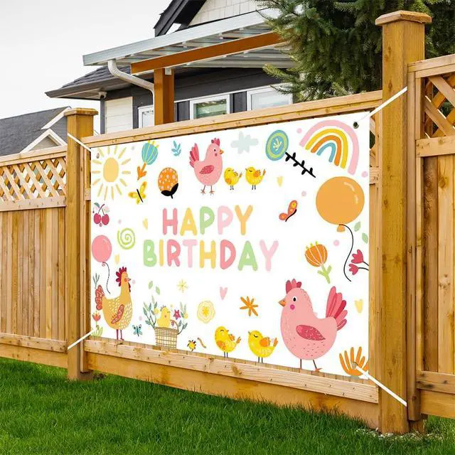Alt view image 3 of 6 - Chicken Birthday Party Banner Happy First Birthday Decorations for Girls Farm Animals Theme Newborn Baby Photo Backdrop Supplies (70.8x43.3inch)