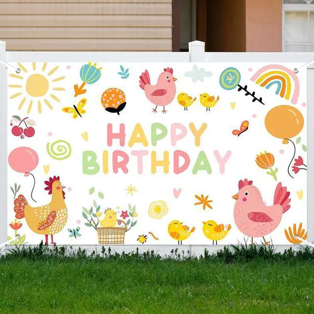 Alt view image 4 of 6 - Chicken Birthday Party Banner Happy First Birthday Decorations for Girls Farm Animals Theme Newborn Baby Photo Backdrop Supplies (70.8x43.3inch)