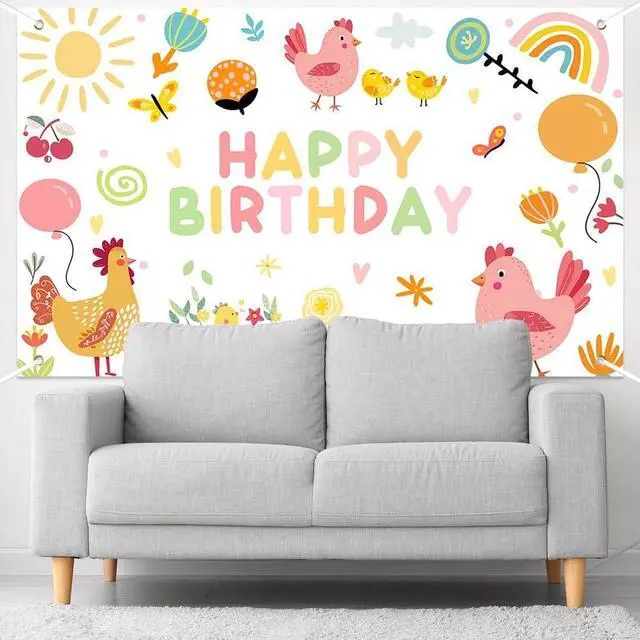 Alt view image 6 of 6 - Chicken Birthday Party Banner Happy First Birthday Decorations for Girls Farm Animals Theme Newborn Baby Photo Backdrop Supplies (70.8x43.3inch)
