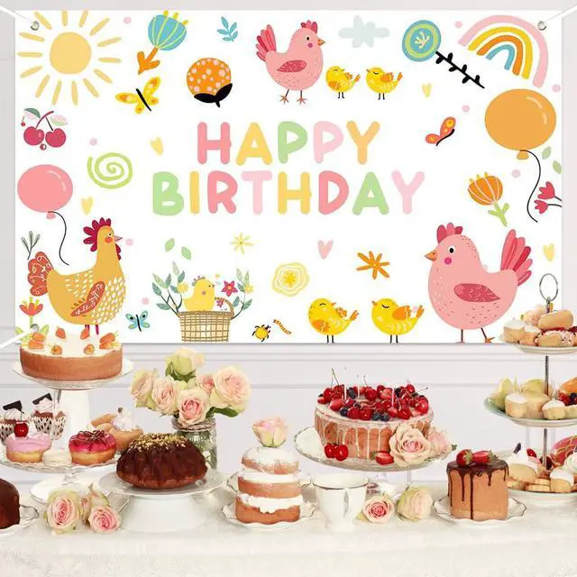 Alt view image 5 of 6 - Chicken Birthday Party Banner Happy First Birthday Decorations for Girls Farm Animals Theme Newborn Baby Photo Backdrop Supplies (70.8x43.3inch)