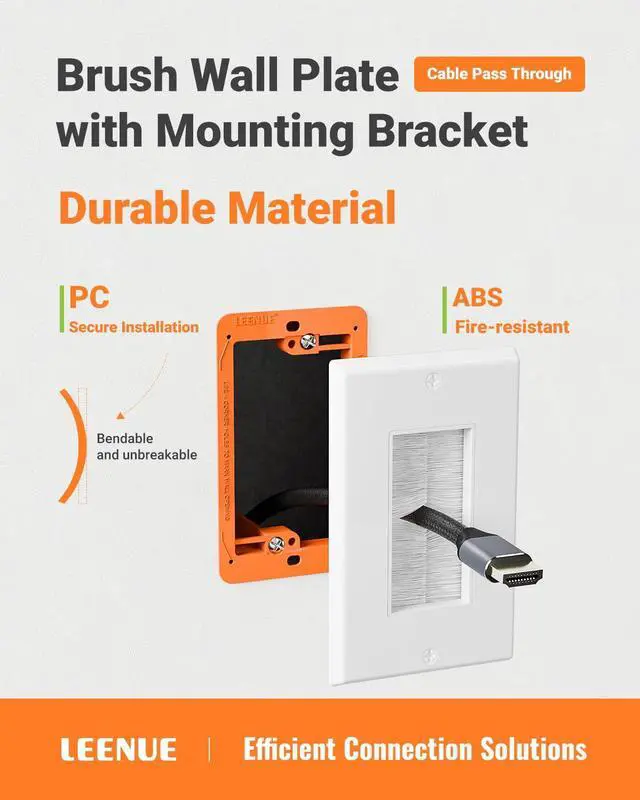 Alt view image 2 of 6 - 6 Pack Brush Wall Plate with Mounting Bracket, Cable Pass Through | Single Gang Cord Hider Decorator Cover for Low Voltage Wires, TV Home Theater System, Orange
