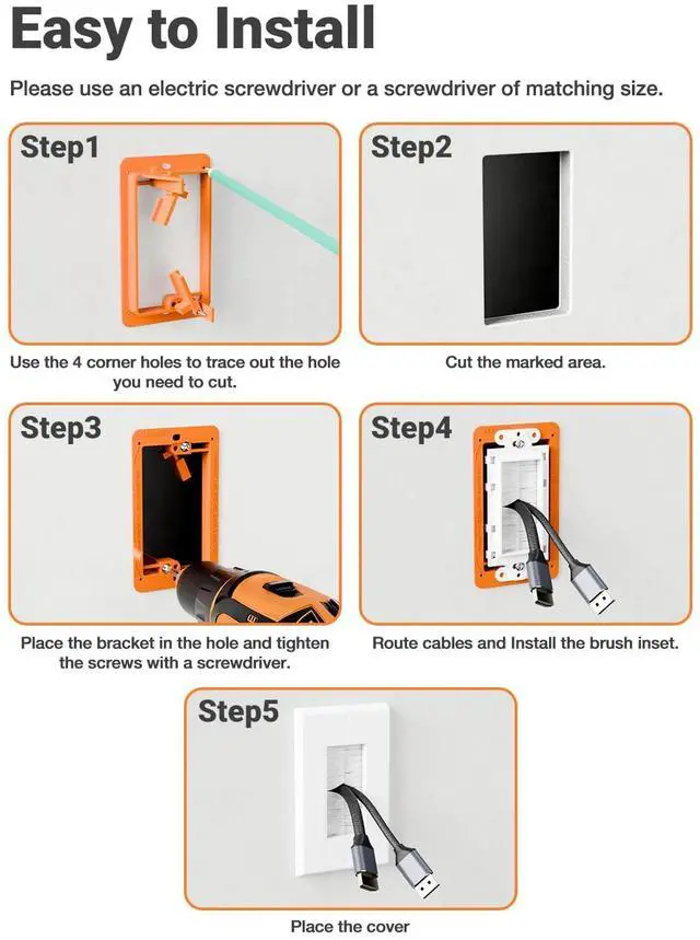 Alt view image 3 of 6 - 6 Pack Brush Wall Plate with Mounting Bracket, Cable Pass Through | Single Gang Cord Hider Decorator Cover for Low Voltage Wires, TV Home Theater System, Orange