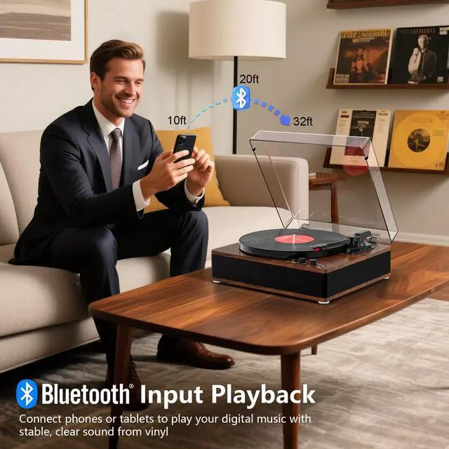 Alt view image 3 of 6 - Full-Size Vintage Vinyl Record Player, 3-Speed Turntable with Counterweight, Bluetooth Input & Output, Built-in Stereo Speakers, Supports AUX/RCA/Headphone Jacks, LP Player Walnut Brown