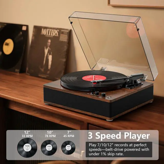 Alt view image 6 of 6 - Full-Size Vintage Vinyl Record Player, 3-Speed Turntable with Counterweight, Bluetooth Input & Output, Built-in Stereo Speakers, Supports AUX/RCA/Headphone Jacks, LP Player Walnut Brown