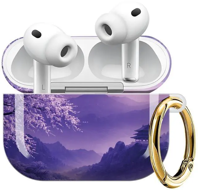 Main image of Compatible with AirPod Pro 3 Case (2025), Shockproof Dustproof Protective Cover with Cute Golden Keychain for Women & Girls - Purple Moon Cherry Blossom Landscape