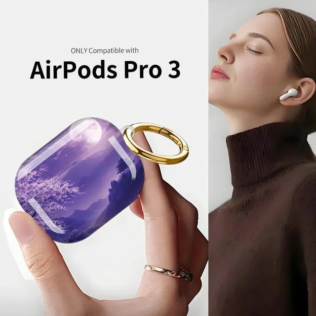 Alt view image 3 of 7 - Compatible with AirPod Pro 3 Case (2025), Shockproof Dustproof Protective Cover with Cute Golden Keychain for Women & Girls - Purple Moon Cherry Blossom Landscape
