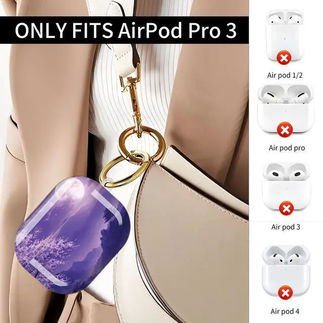 Alt view image 2 of 7 - Compatible with AirPod Pro 3 Case (2025), Shockproof Dustproof Protective Cover with Cute Golden Keychain for Women & Girls - Purple Moon Cherry Blossom Landscape