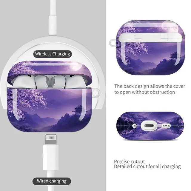 Alt view image 4 of 7 - Compatible with AirPod Pro 3 Case (2025), Shockproof Dustproof Protective Cover with Cute Golden Keychain for Women & Girls - Purple Moon Cherry Blossom Landscape