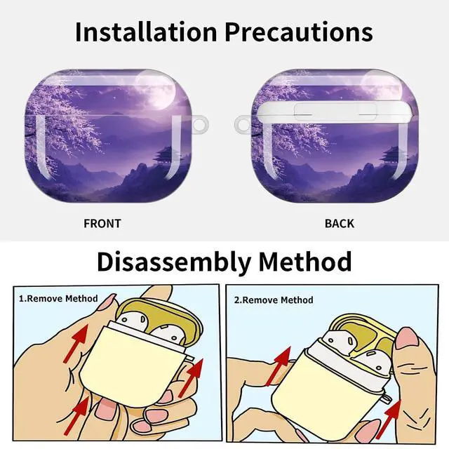 Alt view image 6 of 7 - Compatible with AirPod Pro 3 Case (2025), Shockproof Dustproof Protective Cover with Cute Golden Keychain for Women & Girls - Purple Moon Cherry Blossom Landscape