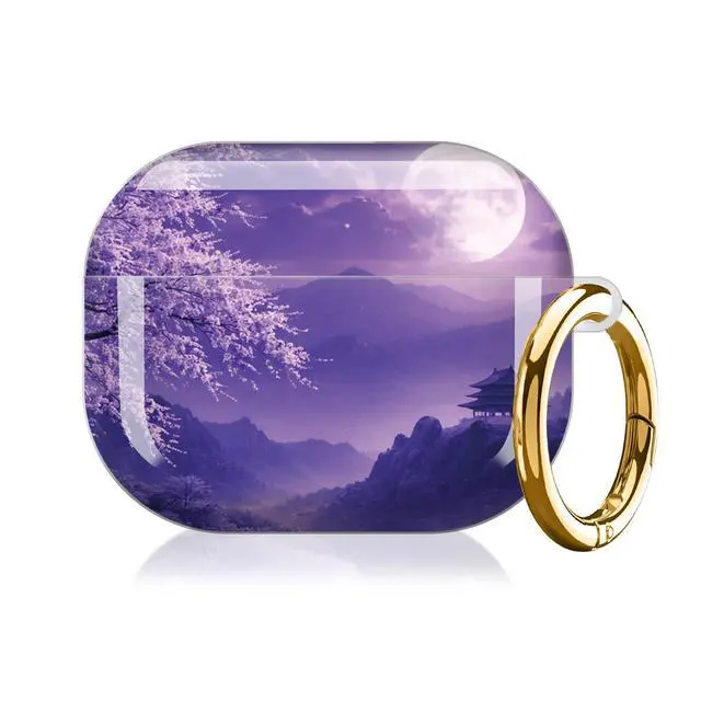Alt view image 7 of 7 - Compatible with AirPod Pro 3 Case (2025), Shockproof Dustproof Protective Cover with Cute Golden Keychain for Women & Girls - Purple Moon Cherry Blossom Landscape