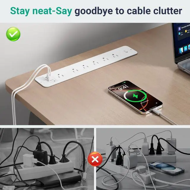 Alt view image 6 of 7 - Recessed Surge Protector Power Strip with 6AC + 4USB (2 USB-C PD20W), 1800J, 6FT Extension Cord, Space-Saver Flush Mount for Conference Tables/Desks/Furniture/Kitchen