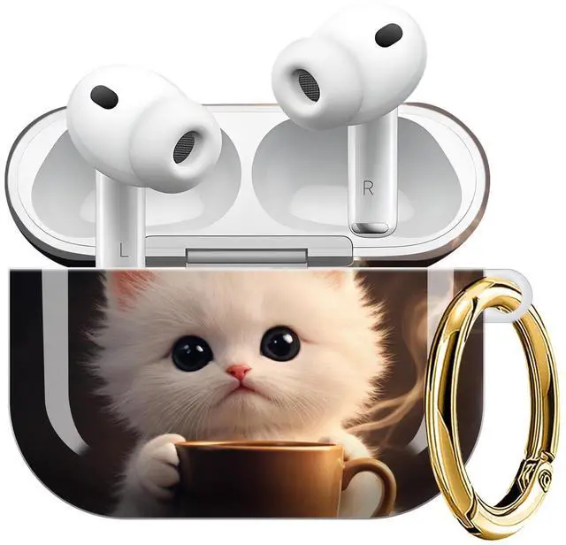 Main image of Compatible with AirPod Pro 3 Case (2025), Shockproof Dustproof Protective Cover with Cute Golden Keychain for Women & Girls - Cute Cat Coffee Cup