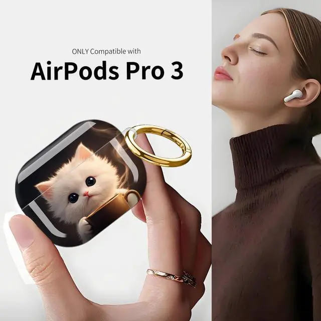 Alt view image 3 of 7 - Compatible with AirPod Pro 3 Case (2025), Shockproof Dustproof Protective Cover with Cute Golden Keychain for Women & Girls - Cute Cat Coffee Cup