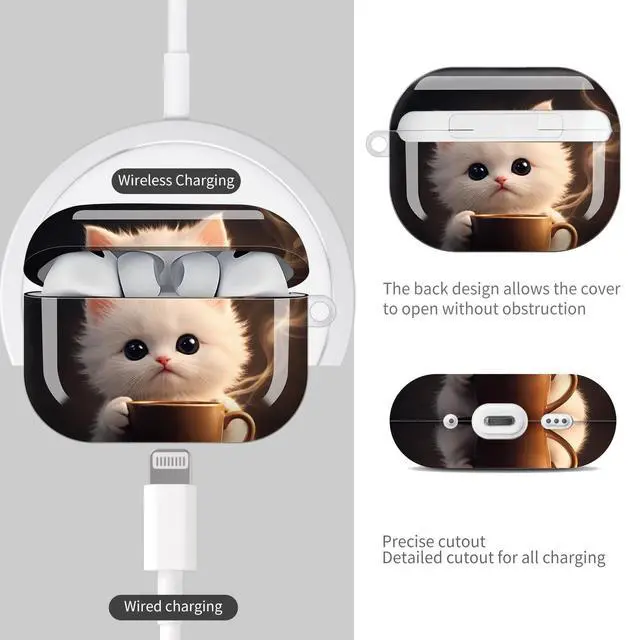 Alt view image 4 of 7 - Compatible with AirPod Pro 3 Case (2025), Shockproof Dustproof Protective Cover with Cute Golden Keychain for Women & Girls - Cute Cat Coffee Cup
