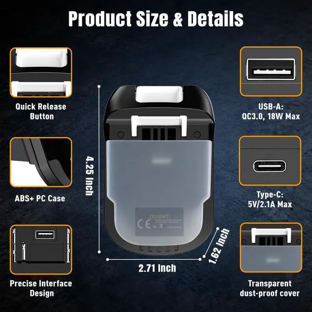 Alt view image 6 of 7 - DM18M Battery Adapter for Milwaukee M18 18V & for Dewalt 20V MAX to for Makita 18V LXT BL1830 BL1840 BL1850 BL1860 Cordless Tools, with USB & Type-C Fast Charging Port, Plug and Play Battery Converter