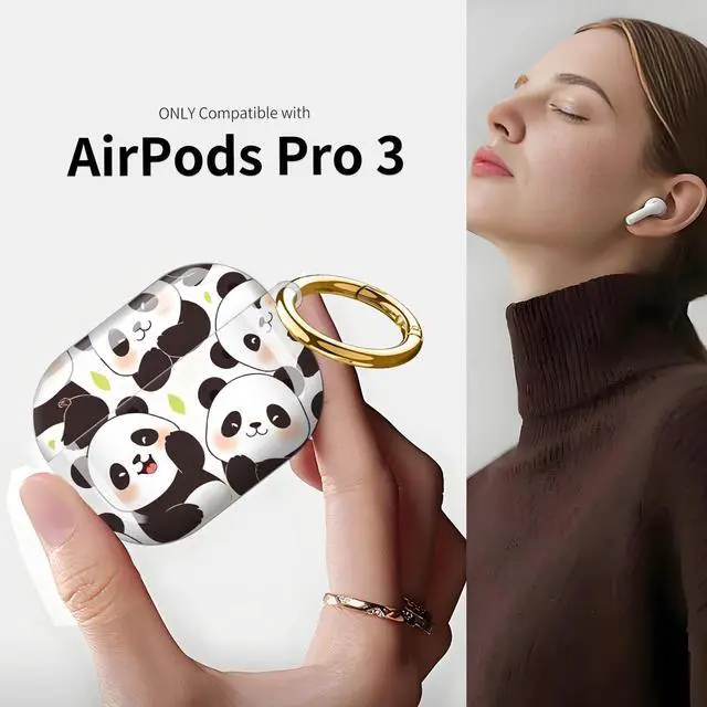 Alt view image 3 of 7 - Compatible with AirPod Pro 3 Case (2025), Shockproof Dustproof Protective Cover with Cute Golden Keychain for Women & Girls - Cute Pandas