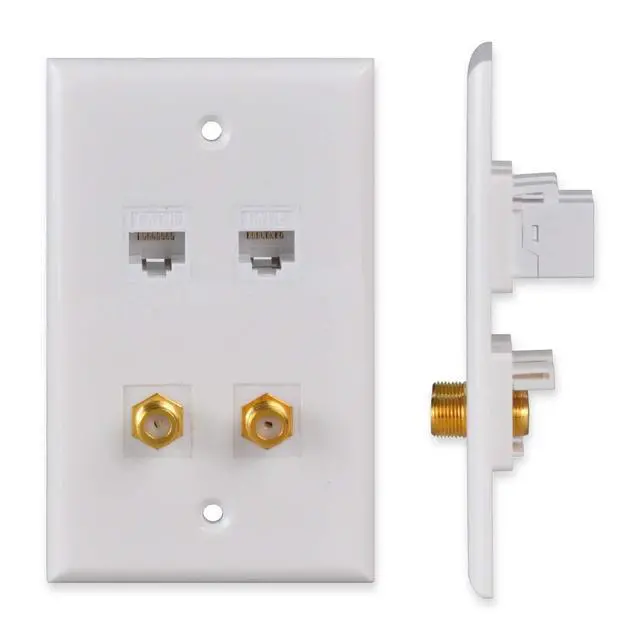 Main image of Ethernet & Coax Wall Plate - Cat6 Coax Keystone Wall Plate with 2 RJ45 Ethernet Ports + 2 TV Coax Cable/F-Type Insert Jacks