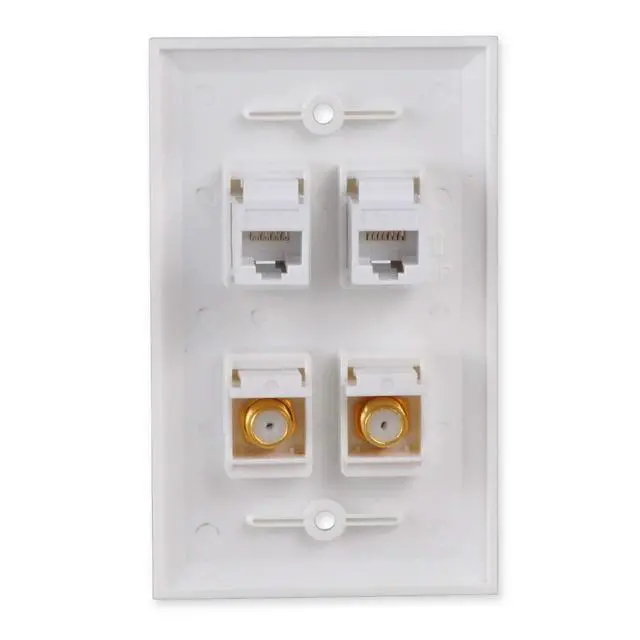 Alt view image 2 of 7 - Ethernet & Coax Wall Plate - Cat6 Coax Keystone Wall Plate with 2 RJ45 Ethernet Ports + 2 TV Coax Cable/F-Type Insert Jacks
