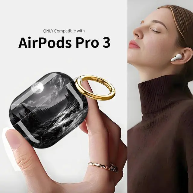 Alt view image 3 of 7 - Compatible with AirPod Pro 3 Case (2025), Shockproof Dustproof Protective Cover with Cute Golden Keychain for Women & Girls - Moonlit Mountain Forest