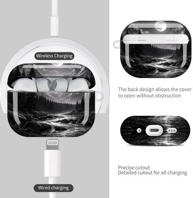 Alt view image 4 of 7 - Compatible with AirPod Pro 3 Case (2025), Shockproof Dustproof Protective Cover with Cute Golden Keychain for Women & Girls - Moonlit Mountain Forest