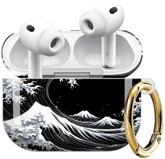 Main image of Compatible with AirPod Pro 3 Case (2025), Shockproof Dustproof Protective Cover with Cute Golden Keychain for Women & Girls - Wave Mountain Moon Night