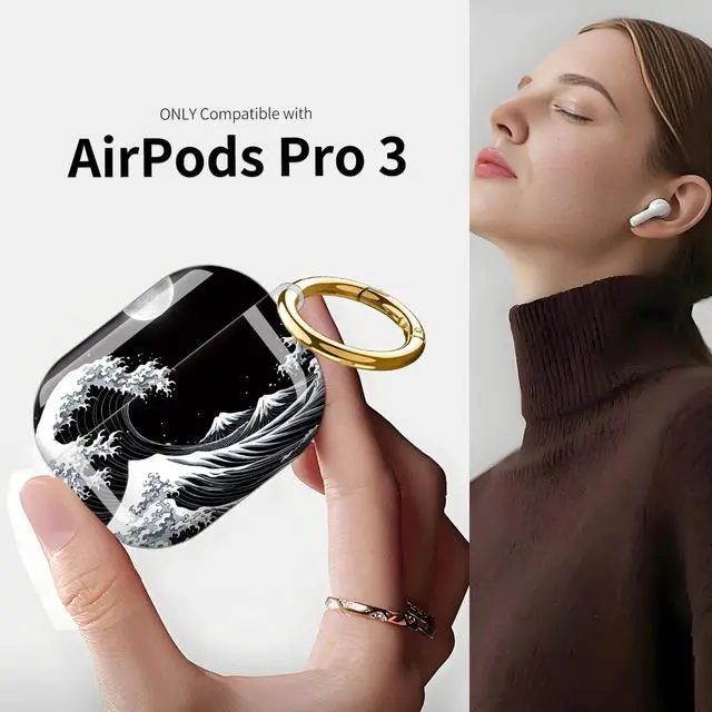 Alt view image 3 of 7 - Compatible with AirPod Pro 3 Case (2025), Shockproof Dustproof Protective Cover with Cute Golden Keychain for Women & Girls - Wave Mountain Moon Night