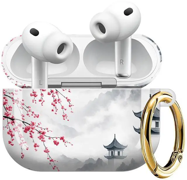 Main image of Compatible with AirPod Pro 3 Case (2025), Shockproof Dustproof Protective Cover with Cute Golden Keychain for Women & Girls - Cherry Blossom Lake Mountain