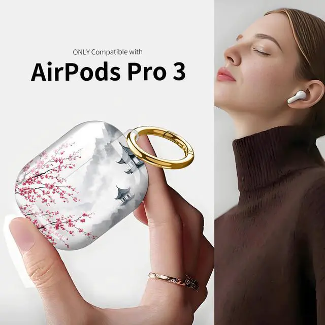 Alt view image 3 of 7 - Compatible with AirPod Pro 3 Case (2025), Shockproof Dustproof Protective Cover with Cute Golden Keychain for Women & Girls - Cherry Blossom Lake Mountain