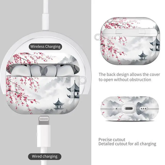 Alt view image 4 of 7 - Compatible with AirPod Pro 3 Case (2025), Shockproof Dustproof Protective Cover with Cute Golden Keychain for Women & Girls - Cherry Blossom Lake Mountain