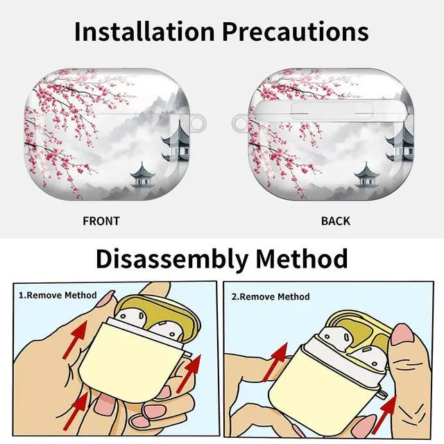 Alt view image 6 of 7 - Compatible with AirPod Pro 3 Case (2025), Shockproof Dustproof Protective Cover with Cute Golden Keychain for Women & Girls - Cherry Blossom Lake Mountain