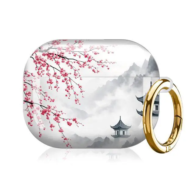 Alt view image 7 of 7 - Compatible with AirPod Pro 3 Case (2025), Shockproof Dustproof Protective Cover with Cute Golden Keychain for Women & Girls - Cherry Blossom Lake Mountain