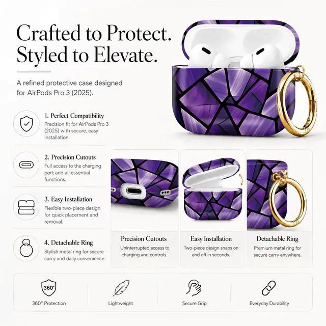 Alt view image 2 of 7 - Compatible with AirPod Pro 3 Case 2025,Shockproof Protective Cover with Keychain,Multi-Theme Graphic Design Shell for Men Women,Ideal for Gym&Travel(Purple Stained Glass)