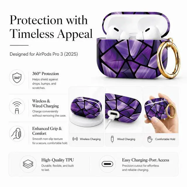 Alt view image 5 of 7 - Compatible with AirPod Pro 3 Case 2025,Shockproof Protective Cover with Keychain,Multi-Theme Graphic Design Shell for Men Women,Ideal for Gym&Travel(Purple Stained Glass)