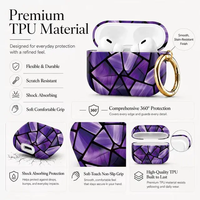 Alt view image 6 of 7 - Compatible with AirPod Pro 3 Case 2025,Shockproof Protective Cover with Keychain,Multi-Theme Graphic Design Shell for Men Women,Ideal for Gym&Travel(Purple Stained Glass)