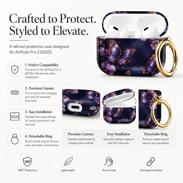 Alt view image 2 of 7 - Compatible with AirPod Pro 3 Case 2025,Shockproof Protective Cover with Keychain,Multi-Theme Graphic Design Shell for Men Women,Ideal for Gym&Travel(Purple Butterflies with Gold Accents)