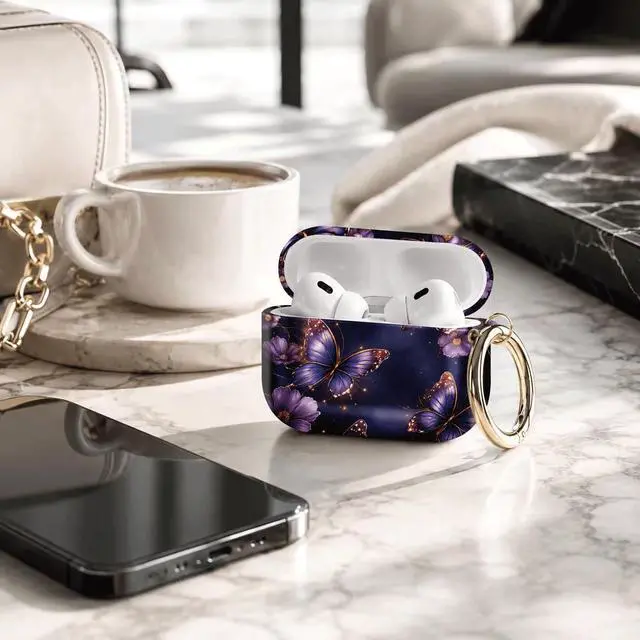 Alt view image 4 of 7 - Compatible with AirPod Pro 3 Case 2025,Shockproof Protective Cover with Keychain,Multi-Theme Graphic Design Shell for Men Women,Ideal for Gym&Travel(Purple Butterflies with Gold Accents)