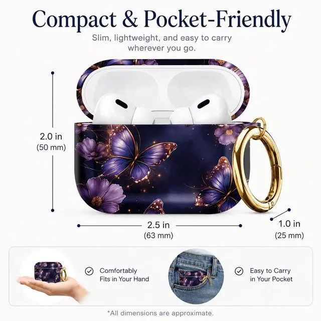 Alt view image 3 of 7 - Compatible with AirPod Pro 3 Case 2025,Shockproof Protective Cover with Keychain,Multi-Theme Graphic Design Shell for Men Women,Ideal for Gym&Travel(Purple Butterflies with Gold Accents)