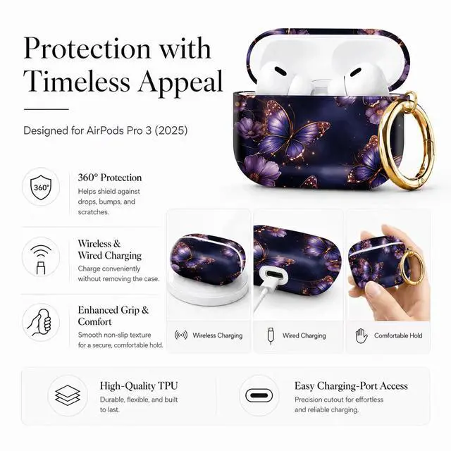 Alt view image 5 of 7 - Compatible with AirPod Pro 3 Case 2025,Shockproof Protective Cover with Keychain,Multi-Theme Graphic Design Shell for Men Women,Ideal for Gym&Travel(Purple Butterflies with Gold Accents)