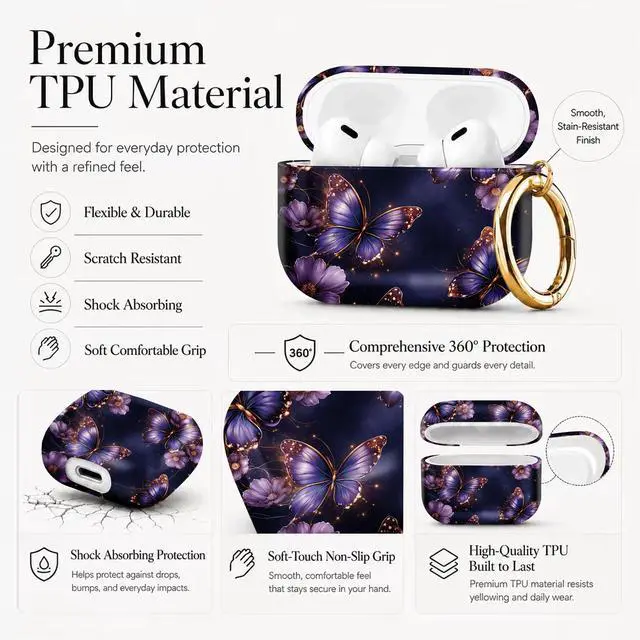 Alt view image 6 of 7 - Compatible with AirPod Pro 3 Case 2025,Shockproof Protective Cover with Keychain,Multi-Theme Graphic Design Shell for Men Women,Ideal for Gym&Travel(Purple Butterflies with Gold Accents)
