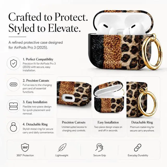 Alt view image 2 of 7 - Compatible with AirPod Pro 3 Case 2025,Shockproof Protective Cover with Keychain,Multi-Theme Graphic Design Shell for Men Women,Ideal for Gym&Travel(Leopard Fur Texture Closeup)