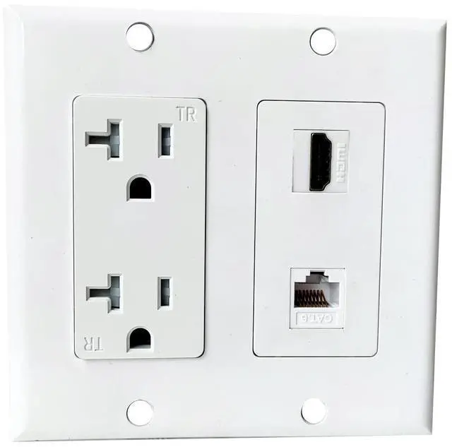 Main image of 20Amp Power Outlet with Ethernet HDMI Port Wall Plate - Duplex Receptacle Outlet with 1 Port HDMI, 1 CAT6 RJ45 Cover Plate - White